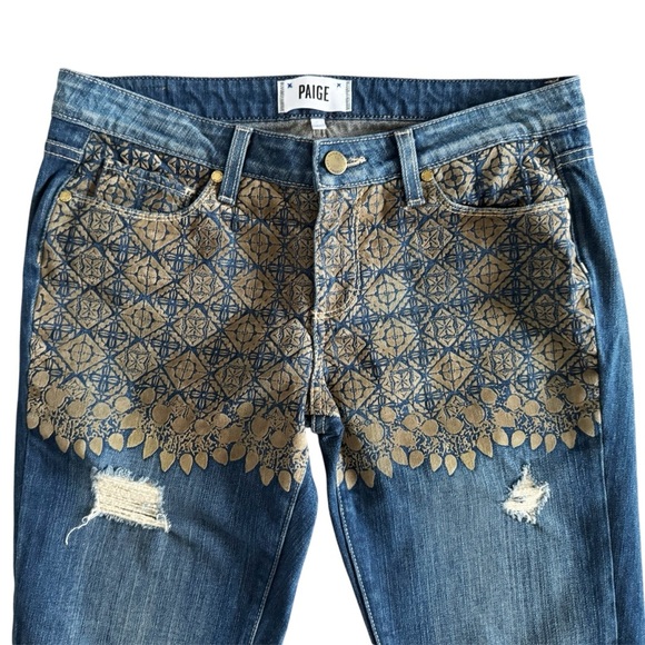 Paige Jimmy Jimmy distressed skinny Jeans women’s sz 27 gold  boho artsy unique - Picture 3 of 15